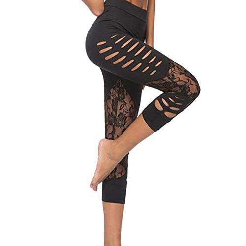 VJGOAL Moda Casual de Verano de Las Mujeres Sexy Costura de Encaje Hueco Pantalones de Yoga Correr Pilates Fitness Pantalones Elasticidad Transpirable Pantalones de chándal Leggings(Large,Negro)