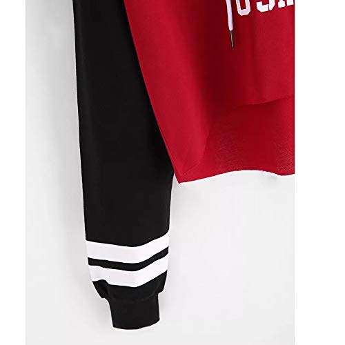 VJGOAL Moda Casual para Mujer Carta de impresión Costura Contraste Color Manga Larga Sudadera Pullover con Capucha Tops Blusa(L,Rojo)