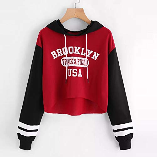 VJGOAL Moda Casual para Mujer Carta de impresión Costura Contraste Color Manga Larga Sudadera Pullover con Capucha Tops Blusa(L,Rojo)