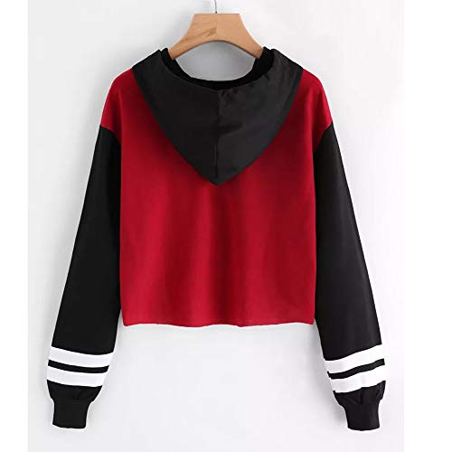 VJGOAL Moda Casual para Mujer Carta de impresión Costura Contraste Color Manga Larga Sudadera Pullover con Capucha Tops Blusa(L,Rojo)