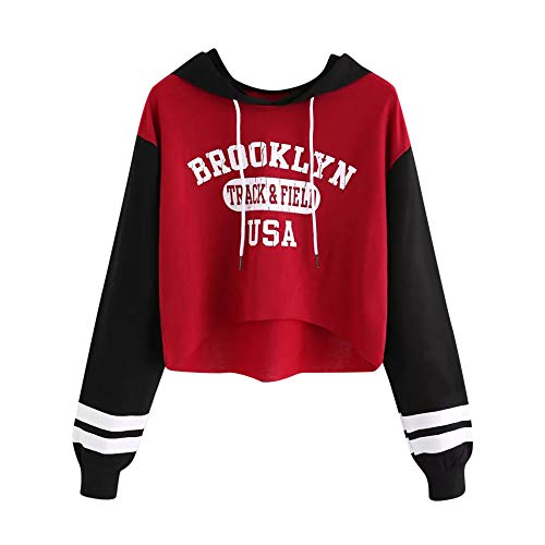 VJGOAL Moda Casual para Mujer Carta de impresión Costura Contraste Color Manga Larga Sudadera Pullover con Capucha Tops Blusa(L,Rojo)