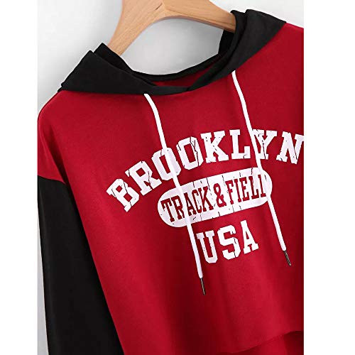 VJGOAL Moda Casual para Mujer Carta de impresión Costura Contraste Color Manga Larga Sudadera Pullover con Capucha Tops Blusa(L,Rojo)