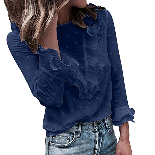 VJGOAL Moda Mujer Casual Encaje Sexy Lunares O Cuello Dulce Volante Camiseta Manga Larga Tops Blusa (L, X-Armada)