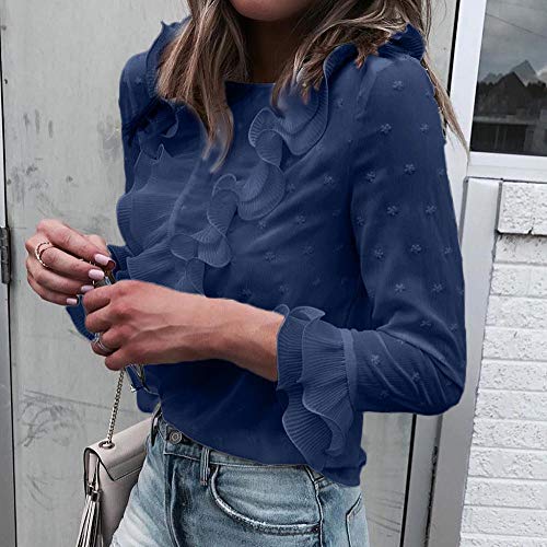 VJGOAL Moda Mujer Casual Encaje Sexy Lunares O Cuello Dulce Volante Camiseta Manga Larga Tops Blusa (L, X-Armada)