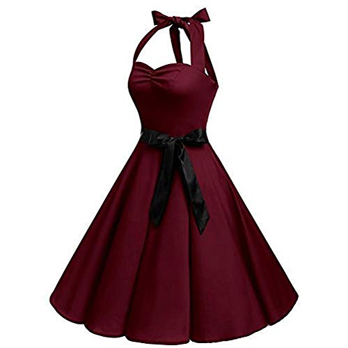 VJGOAL Mujer Primavera y Verano Moda Casual Sin Mangas Lunares Encaje Vintage Hepburn Columpio Cintura Alta Péndulo Grande Vestido Plisado Falda(Small,Vino Rojo)