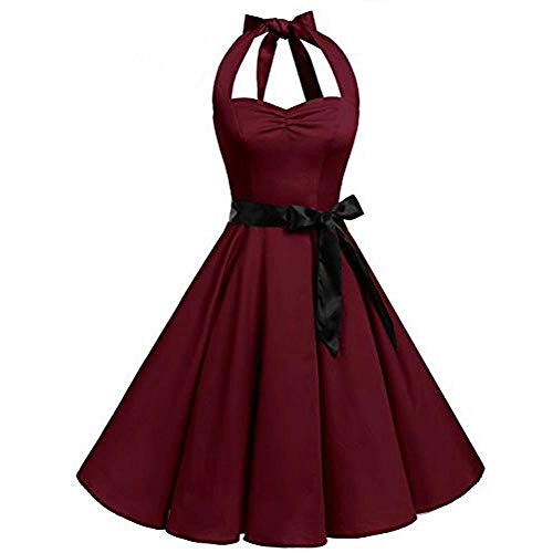 VJGOAL Mujer Primavera y Verano Moda Casual Sin Mangas Lunares Encaje Vintage Hepburn Columpio Cintura Alta Péndulo Grande Vestido Plisado Falda(Small,Vino Rojo)