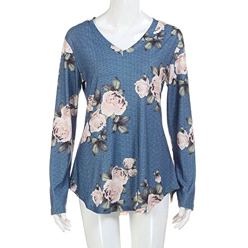 VJGOAL Mujeres Casual Fashion Loose v Cuello impresión Flor Top Blusa de Manga Larga Ladies Casual Tops Camiseta (S, X-Azul)