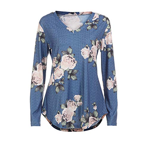 VJGOAL Mujeres Casual Fashion Loose v Cuello impresión Flor Top Blusa de Manga Larga Ladies Casual Tops Camiseta (S, X-Azul)