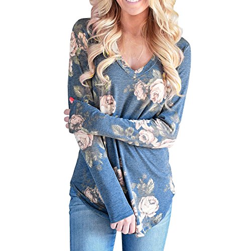 VJGOAL Mujeres Casual Fashion Loose v Cuello impresión Flor Top Blusa de Manga Larga Ladies Casual Tops Camiseta (S, X-Azul)