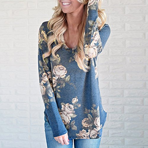 VJGOAL Mujeres Casual Fashion Loose v Cuello impresión Flor Top Blusa de Manga Larga Ladies Casual Tops Camiseta (S, X-Azul)