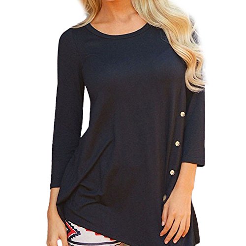 VJGOAL Mujeres de Moda Casual de Manga Larga botón Flojo Trim Blusa de Color sólido Sexy Grande Cuello Redondo túnica Camiseta