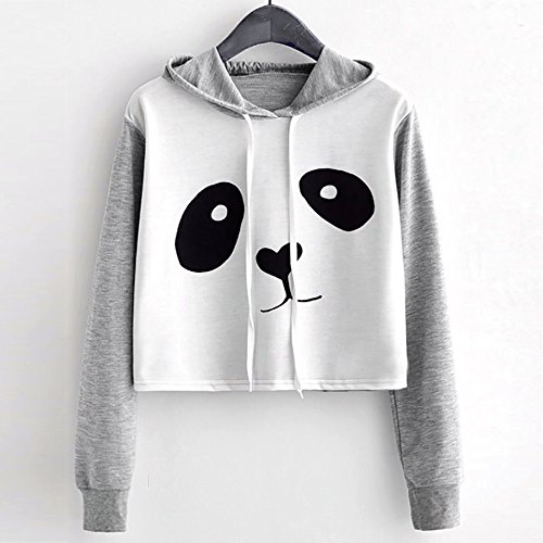 VJGOAL Mujeres otoño Moda Casual Dibujos Animados Lindo Panda Imprimir Costura Color sólido Sudadera Blusa de Manga Larga con Capucha Pullover Tops Camisa(S,Gris)