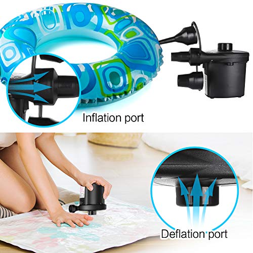 Vkaiy Bomba de Aire Eléctrica, 2 en 1 Inflador Electrico Bomba De Aire Portátil, DC12V/AC240V Bomba Eléctrica Incluyendo 3 Accesorios, para Colchones, Camas de Invitados, Piscinas Inflables o Camping