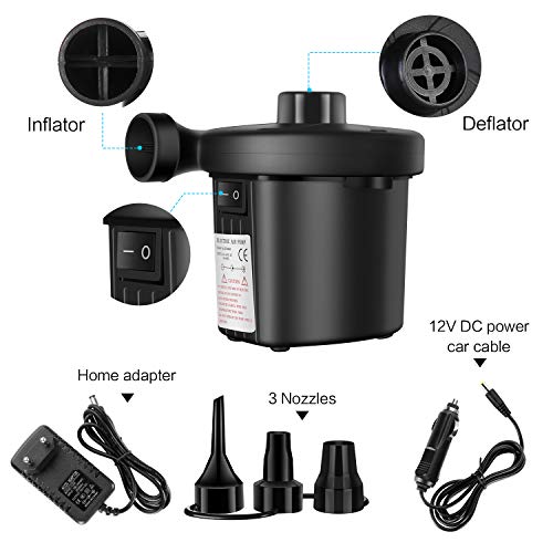 Vkaiy Bomba de Aire Eléctrica, 2 en 1 Inflador Electrico Bomba De Aire Portátil, DC12V/AC240V Bomba Eléctrica Incluyendo 3 Accesorios, para Colchones, Camas de Invitados, Piscinas Inflables o Camping