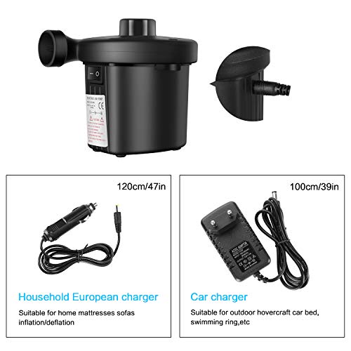 Vkaiy Bomba de Aire Eléctrica, 2 en 1 Inflador Electrico Bomba De Aire Portátil, DC12V/AC240V Bomba Eléctrica Incluyendo 3 Accesorios, para Colchones, Camas de Invitados, Piscinas Inflables o Camping