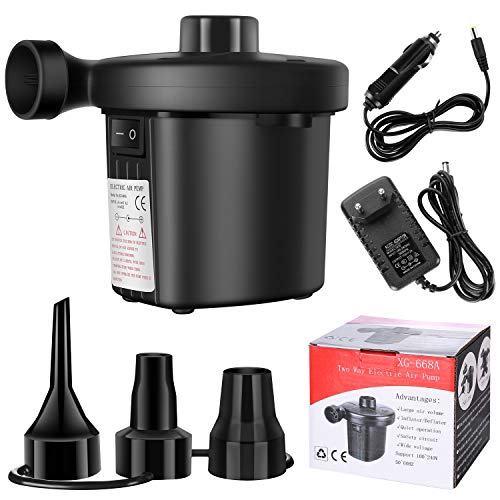 Vkaiy Bomba de Aire Eléctrica, 2 en 1 Inflador Electrico Bomba De Aire Portátil, DC12V/AC240V Bomba Eléctrica Incluyendo 3 Accesorios, para Colchones, Camas de Invitados, Piscinas Inflables o Camping