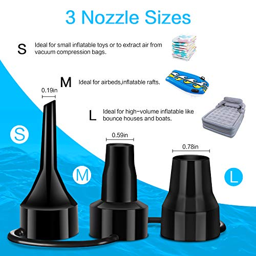 Vkaiy Bomba de Aire Eléctrica, 2 en 1 Inflador Electrico Bomba De Aire Portátil, DC12V/AC240V Bomba Eléctrica Incluyendo 3 Accesorios, para Colchones, Camas de Invitados, Piscinas Inflables o Camping