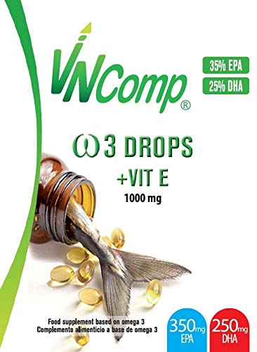 VNComp - Perlas de Omega 3 Cápsulas Aceite de Pescado, 35% EPA y 25% DHA + Vitamina E, 85gr, 60 perlas | Fish Oil, Alta Potencia, Acción Rápida, Alto Contenido en Ácidos Grasos Esenciales
