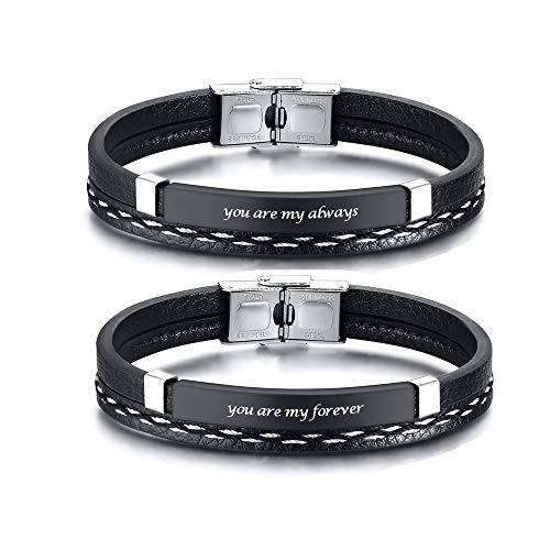 VNOX 2PCS Pulseras de Pareja Pulsera de Cuero Genuino Trenzada Hecha a Mano Negra Pulsera para Siempre y para Parejas Parejas de Muñecas Regalo de San Valentín
