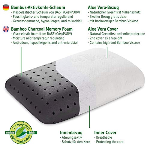 Volar Aloe Vera Almohada de Viaje | Cojín Cervical | Espuma Viscoelástica con Carbón de Bambú | 40x25x10cm