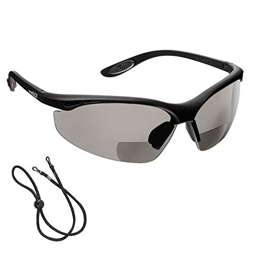 voltX 'CONSTRUCTOR' (AHUMADO/GRIS dioptría +2.0) Gafas de Seguridad de Lectura BIFOCALES que cumplen con la certificación CE EN166F / Gafas para Ciclismo incluye cuerda de seguridad - Reading Safety Glasses