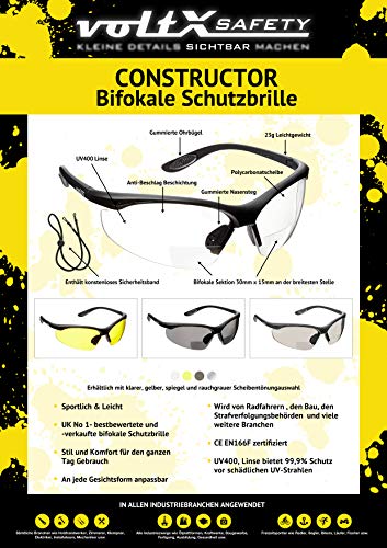 voltX 'CONSTRUCTOR' (AHUMADO/GRIS dioptría +2.0) Gafas de Seguridad de Lectura BIFOCALES que cumplen con la certificación CE EN166F / Gafas para Ciclismo incluye cuerda de seguridad - Reading Safety Glasses