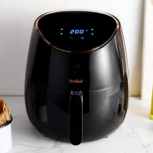 VonShef Freidora sin Aceite de Aire Digital 5L de 2000W – Cocina Bajo en Grasa y Más Saludable, Fría, Hornee, Rostice y Recaliente, Protección contra el Sobrecalentamiento, Temperatura 80-200°C