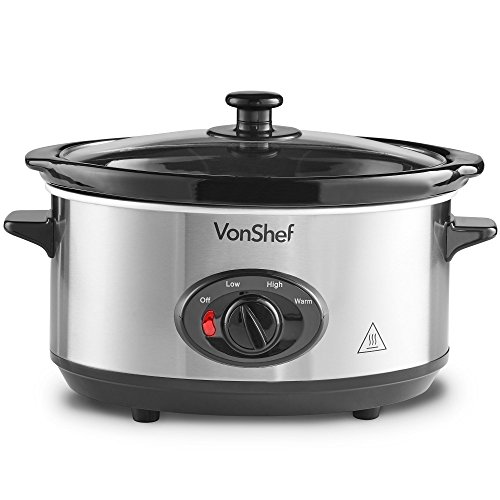 VonShef Olla De Cocción Lenta 3,5L de Acero Inoxidable de - Plato Desmontable para la Mesa Y Tapa De Vidrio