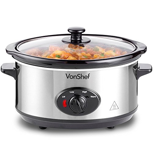 VonShef Olla De Cocción Lenta 3,5L de Acero Inoxidable de - Plato Desmontable para la Mesa Y Tapa De Vidrio