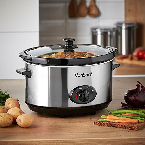 VonShef Olla De Cocción Lenta de 6,5L De Acero Inoxidable - Plato Desmontable del Horno A La Mesa Y Tapa De Vidrio Endurecido – Sirve hasta 8 Personas