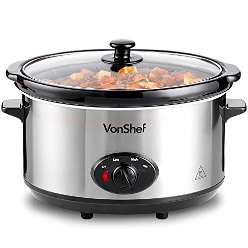 VonShef Olla De Cocción Lenta de 6,5L De Acero Inoxidable - Plato Desmontable del Horno A La Mesa Y Tapa De Vidrio Endurecido – Sirve hasta 8 Personas