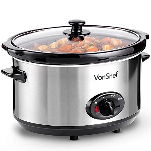 VonShef Olla De Cocción Lenta de 6,5L De Acero Inoxidable - Plato Desmontable del Horno A La Mesa Y Tapa De Vidrio Endurecido – Sirve hasta 8 Personas