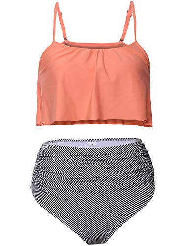 Voqeen Bikini A Rayas con Traje de Baño de Talle Alto Retro de Dos Piezas