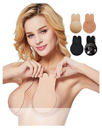 Voqeen Levantamiento de Senos de Silicona Invisible Levantamiento de Senos Sujetador Copas Cubiertas de pezón Adhesivo Reutilizable para Mujeres Cazuelas Adhesivas (M-8cm, 1 Beige+1 Negro)