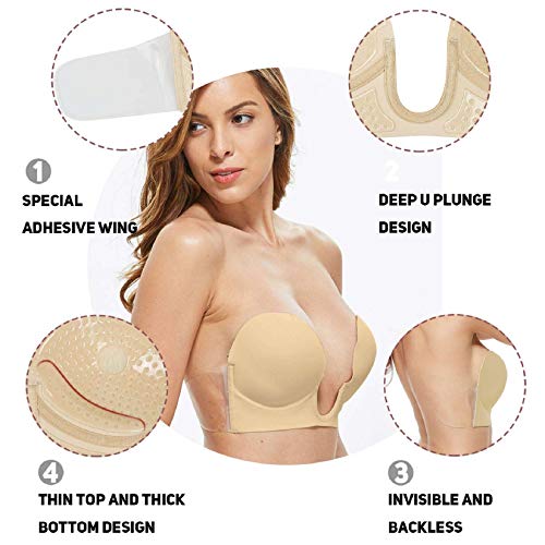 Voqeen Mujer Ujetadores Silicona Sujetador Adhesivo Invisibles Adhesivo Pegatina en el Pecho Profesional Push Up De Sujetador Adhesivo Reutilizable Bra (C, Piel)