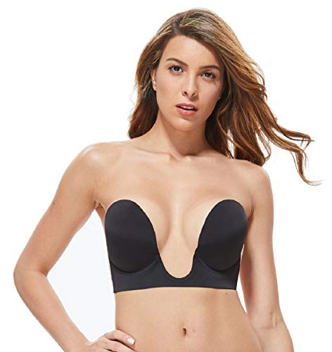 Voqeen Mujer Ujetadores Silicona Sujetador Adhesivo Invisibles Adhesivo Pegatina en el Pecho Profesional Push Up De Sujetador Adhesivo Reutilizable Bra (A, Negro)