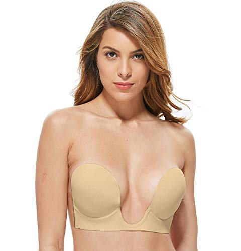 Voqeen Mujer Ujetadores Silicona Sujetador Adhesivo Invisibles Adhesivo Pegatina en el Pecho Profesional Push Up De Sujetador Adhesivo Reutilizable Bra (B, Piel)