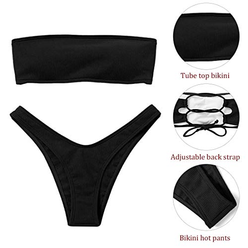 Voqeen Mujeres Sexy Bandeau Traje de baño Cuello Alto sin Tirantes Acanalado Cojín extraíble Conjunto de Bikini de Cintura Baja