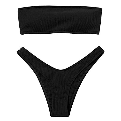 Voqeen Mujeres Sexy Bandeau Traje de baño Cuello Alto sin Tirantes Acanalado Cojín extraíble Conjunto de Bikini de Cintura Baja