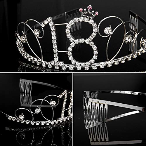 Vordas Welecoco Corona 18 Cumpleaños, Tiara Cristal 18 ° Cumpleaños Corona con Fajín, 18th Plata Cristal Tiara Corona de Cumpleaños, Regalo de 18 Cumpleaños