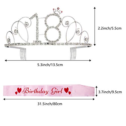 Vordas Welecoco Corona 18 Cumpleaños, Tiara Cristal 18 ° Cumpleaños Corona con Fajín, 18th Plata Cristal Tiara Corona de Cumpleaños, Regalo de 18 Cumpleaños