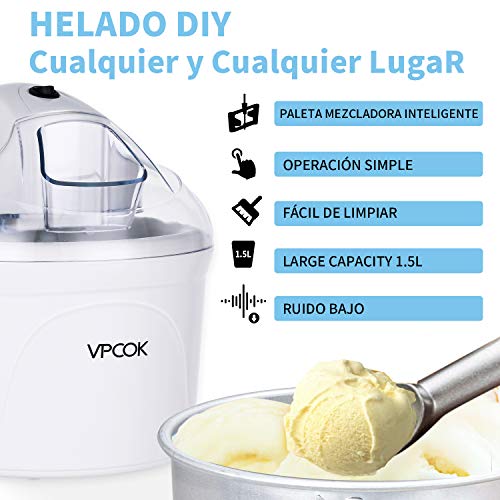 VPCOK Maquina de Helados 1,5L Máquina de Helados Profesional Maquina Hacer Helados Sorbete y Yogur Congela en 30 Minutos, Maquina Helados Soft