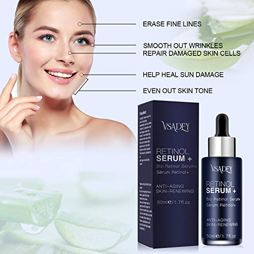 Vsadey Serum+ con Retinol Cara de 5% con ácido hialurónico vitamina E suero Antiarrugas antienvejecimiento para la piel. Mejora los bolsillos debajo del suero para los ojos 50ml