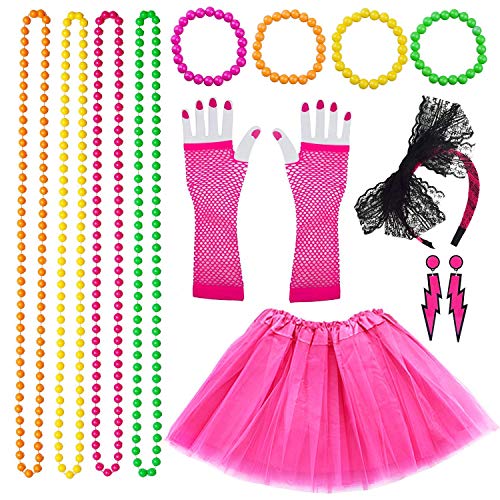 VSTON 80s Disfraz de Disfraces para Mujeres niñas Adultos 80 Vestidos para Mujeres, Accesorios de Fiesta, neón con Faldas tutú relámpago Aros Venda Malla Guantes Cuentas Collar 1980 Fiesta Disfraz
