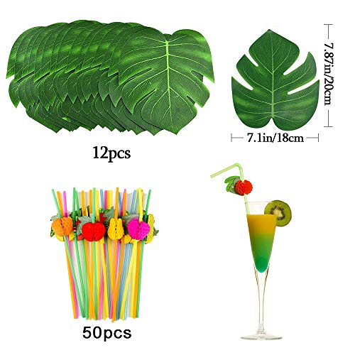 VSTON Falda de Mesa Hawaiana Fiesta Decoraciones de Luau Tropical con Hojas de Palmera Flores Tropicales 9 pies Falda de Mesa Hawaiana Paja de Fruta para Barbacoa Jardín Suministros para Fiestas