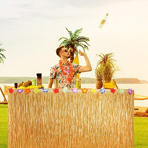 VSTON Falda de Mesa Hawaiana Fiesta Decoraciones de Luau Tropical con Hojas de Palmera Flores Tropicales 9 pies Falda de Mesa Hawaiana Paja de Fruta para Barbacoa Jardín Suministros para Fiestas