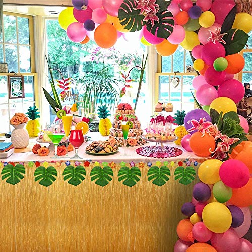 VSTON Falda de Mesa Hawaiana Fiesta Decoraciones de Luau Tropical con Hojas de Palmera Flores Tropicales 9 pies Falda de Mesa Hawaiana Paja de Fruta para Barbacoa Jardín Suministros para Fiestas
