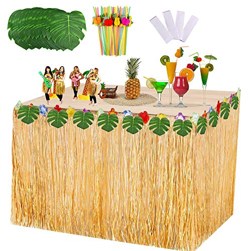 VSTON Falda de Mesa Hawaiana Fiesta Decoraciones de Luau Tropical con Hojas de Palmera Flores Tropicales 9 pies Falda de Mesa Hawaiana Paja de Fruta para Barbacoa Jardín Suministros para Fiestas
