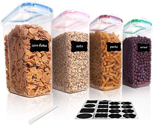 Vtopmart 4L Recipientes para Cereales Almacenamiento de Alimentos, Jarras de Almacenamiento de Plástico con Tapa Hermética Sin BPA,Juego de 4 + 24 Etiquetas, para harina,café, etc