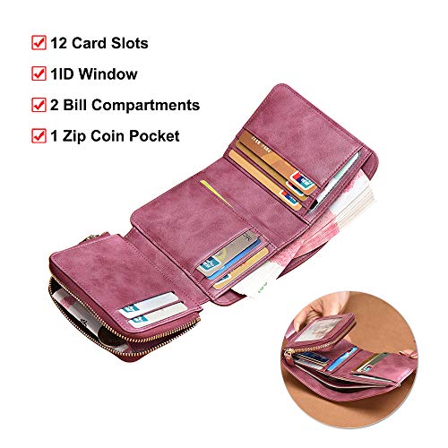 WACCET Carteras Piel Mujer Bloqueo RFID Monedero de Piel con Cremallera, Carteras Mujer con Monedero, Cartera de Cuero de Mujer Pequeño con 12 Tarjetas (Morado)
